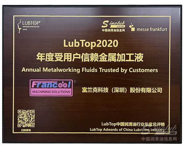 實(shí)至名歸！富蘭克斬獲“LubTop2020受用戶信賴金屬加工液”殊榮